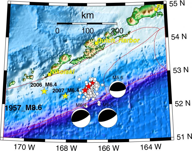 Three focal mechanisms and a cluster off other earthquakes southeast of Nikolski.