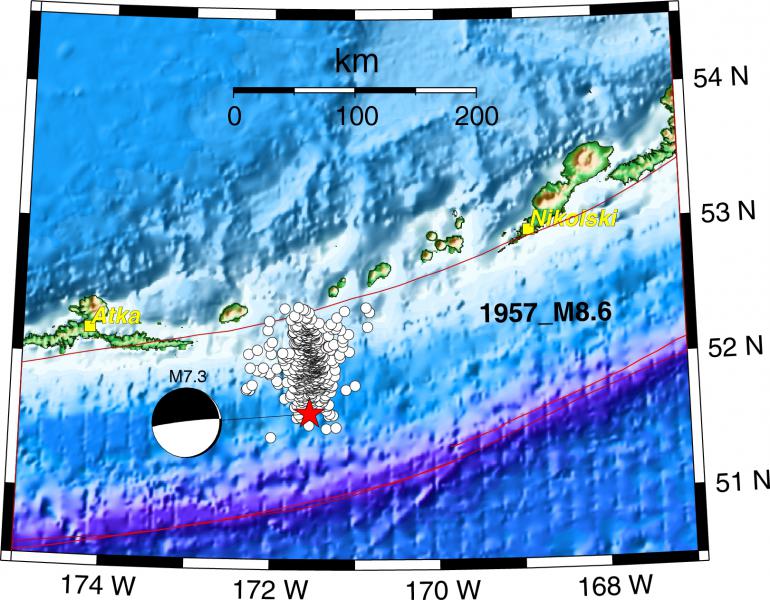 Focal mechanism and cluster of earthquakes southeast of Atka.