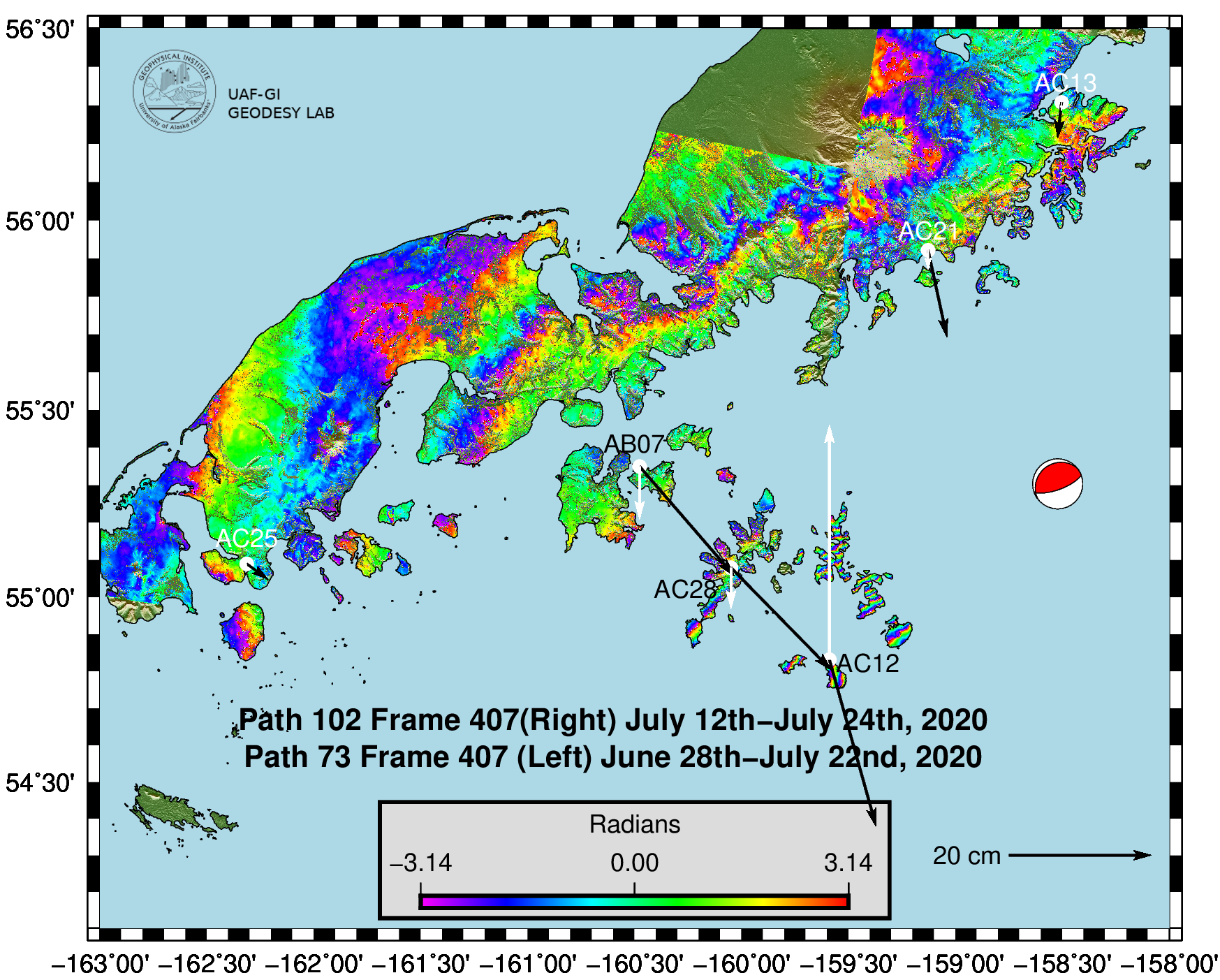 Map showing two types of permanent ground motion measurements, InSAR and GPS offset.