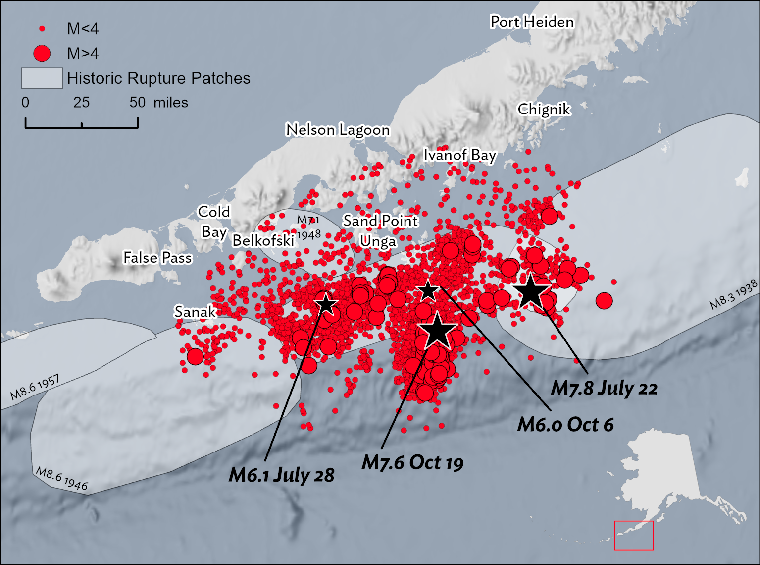 Locations of four large earthquakes from magnitude 6.0 to 7.8 and smaller aftershocks.