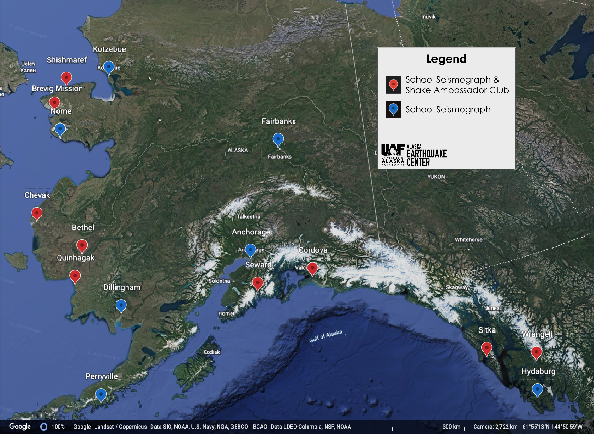 Map of Alaska showing locations of 16 schools participating in the Seismology in Schools program.