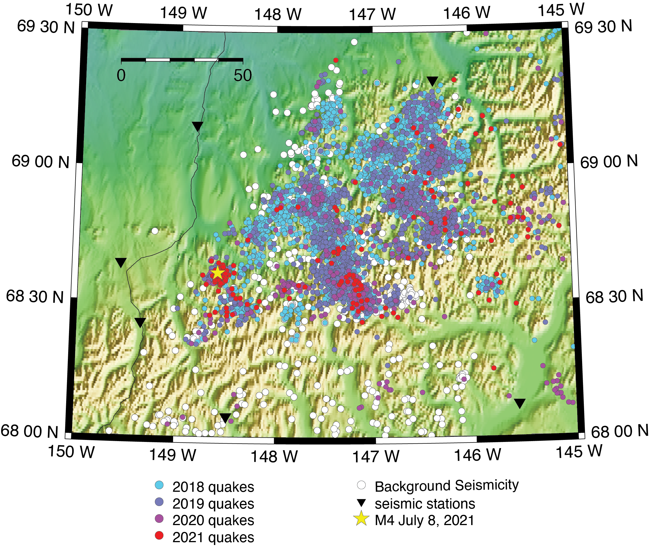 Figure 1. Map with colored dots showing earthquake activity in Northeast Brooks Range Swarm. 