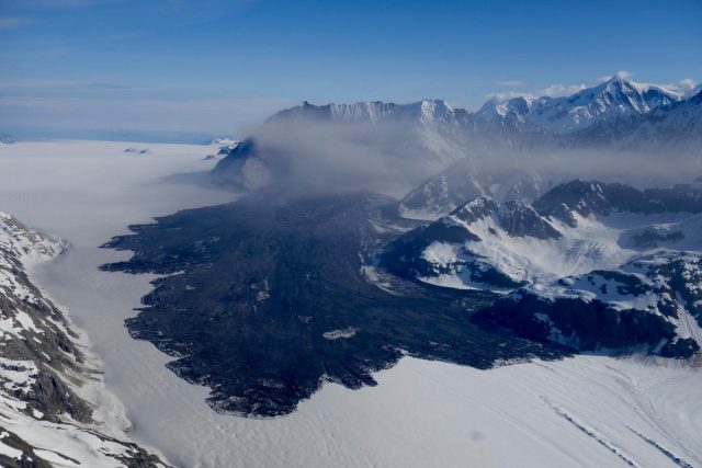 In 2016, an entire mountainside failed and ran out onto the Lamplugh Glacier. A landslide like this into water would generate a megatsunami. (Photo: Paul Swanstrom)