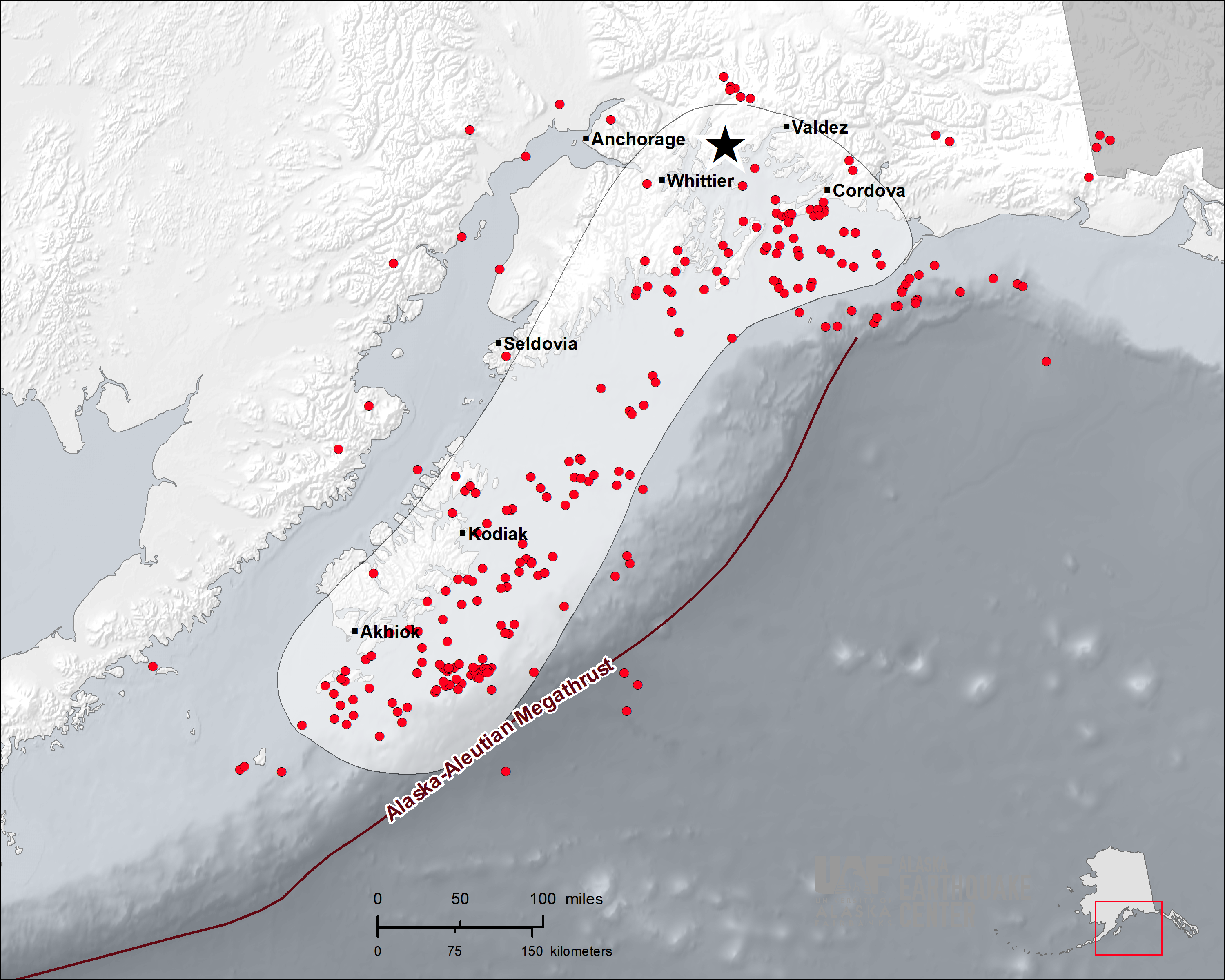 Map showing the 1964 rupture zone and aftershocks.