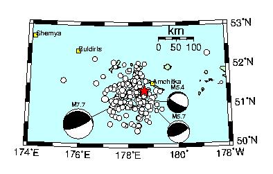 Map showing focal mechanisms for three earthquakes, of magnitudes 5.4, 5.7, and 7.7.