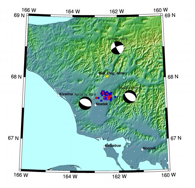 Focal mechanisms of three earthquakes over M5.0 in the Noatak area.