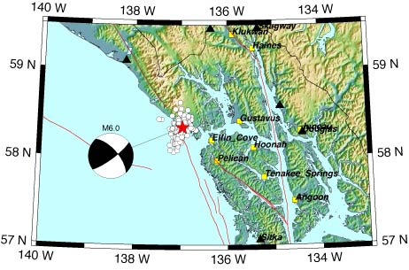 Focal mechanism and cluster of earthquakes west of Elfin Cove.