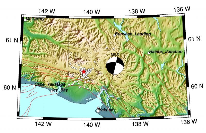 Focal mechanism and cluster of earthquakes northwest of Icy Bay.