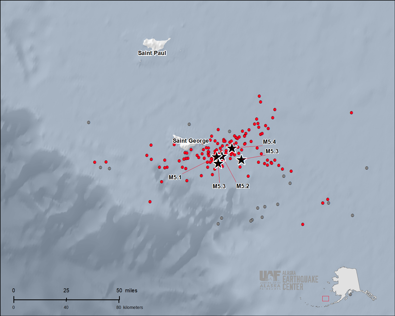 Locations of five earthquakes over magnitude 5 and cluster of smaller earthquakes south of Saint George Island.