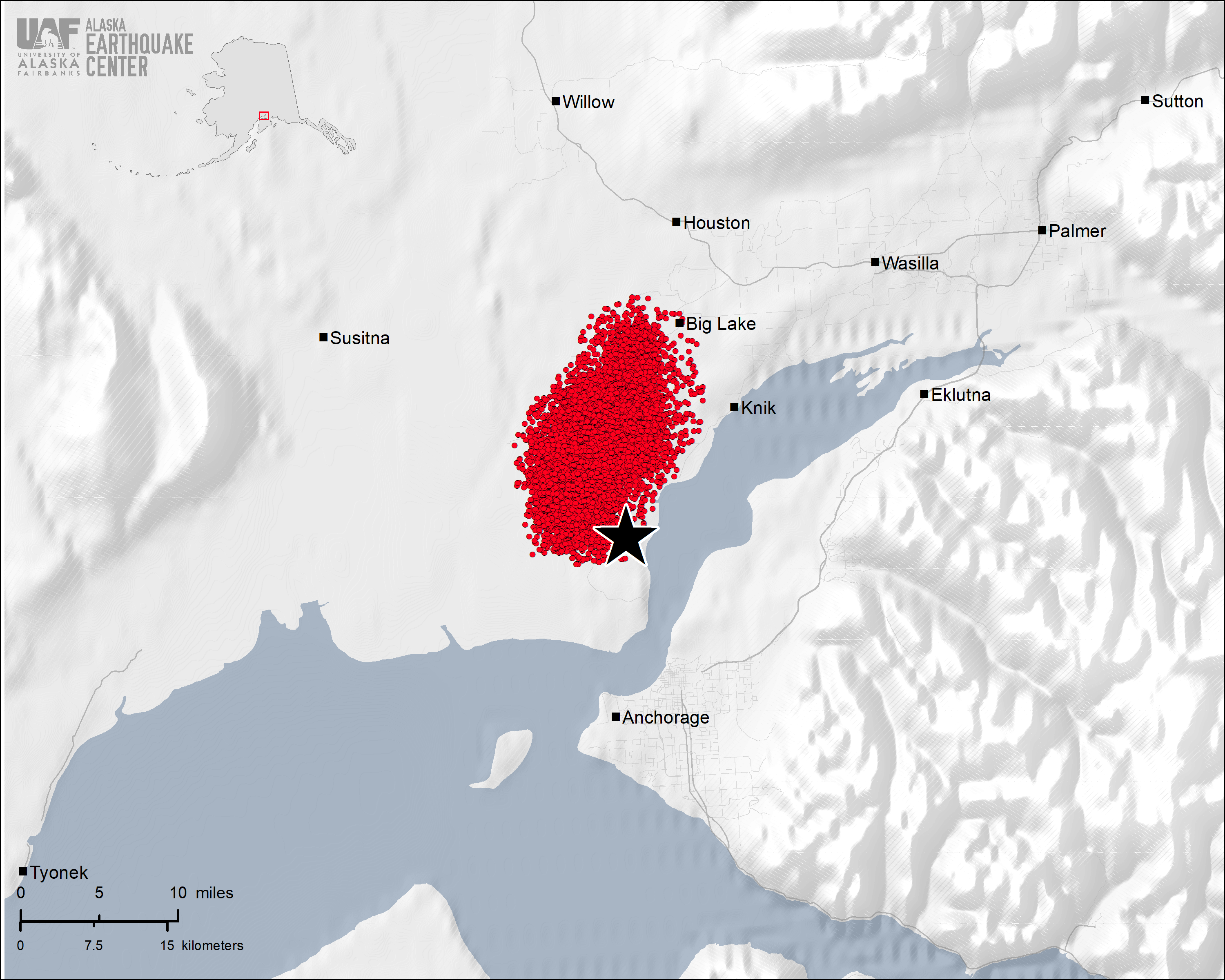 Map showing mainshock and large cluster of aftershocks.