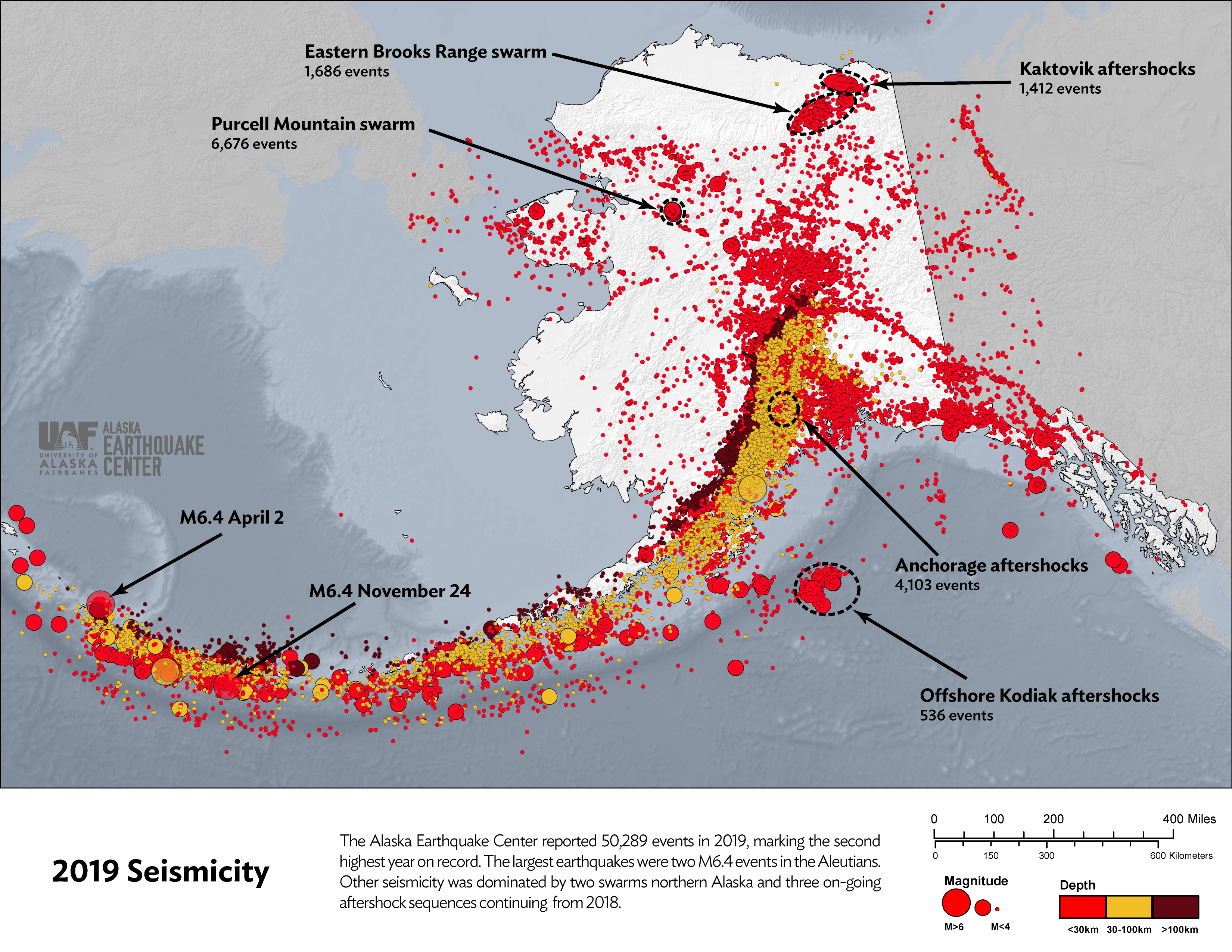Figure 3. This map shows seismicity across Alaska for 2019. Areas with notable activity are highlighted.