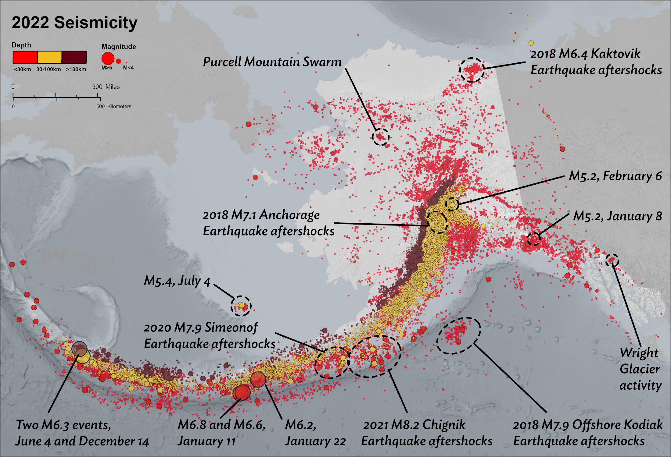 Map of Alaska showing earthquake magnitude and depth, including the largest magnitude events from 2022, Purcell Mountains Swarm in the western Interior, Wright Glacier in Southeast, and clusters of ongoing aftershock sequences. 