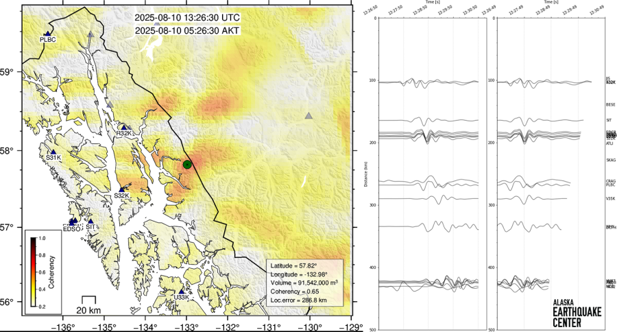 Map on left shows orage areas where seismic waves across stations indicate a landslide. On the right, the seismograms from various stations showing similar waveforms.