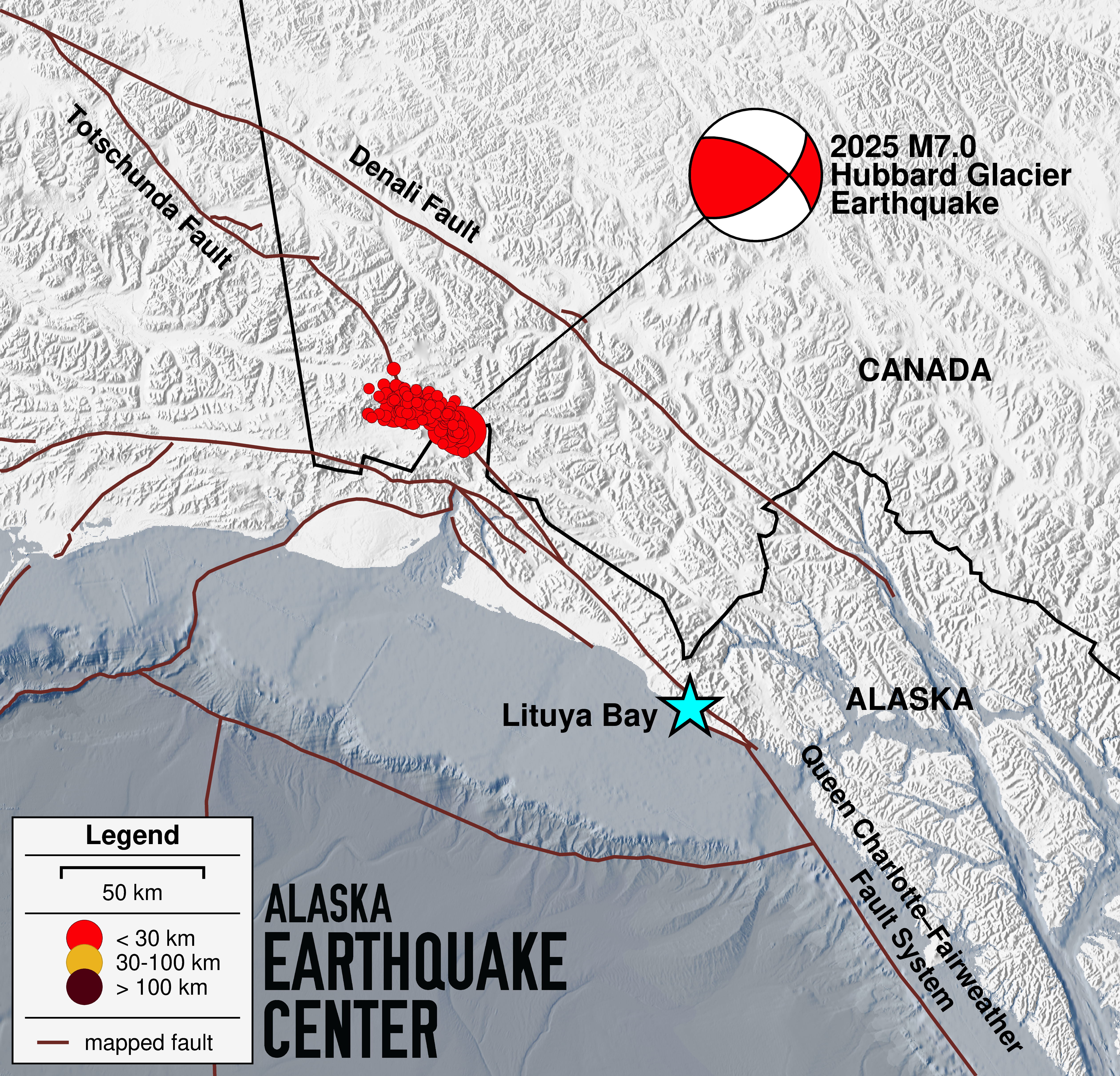 Map showing mainshock of magnitude 7.0 Hubbard Glacier Earthquake, aftershock cluster, focal mechanism, and known faults.