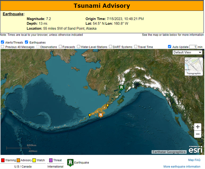 Tsunami advisory map for Alaska Peninsula.  