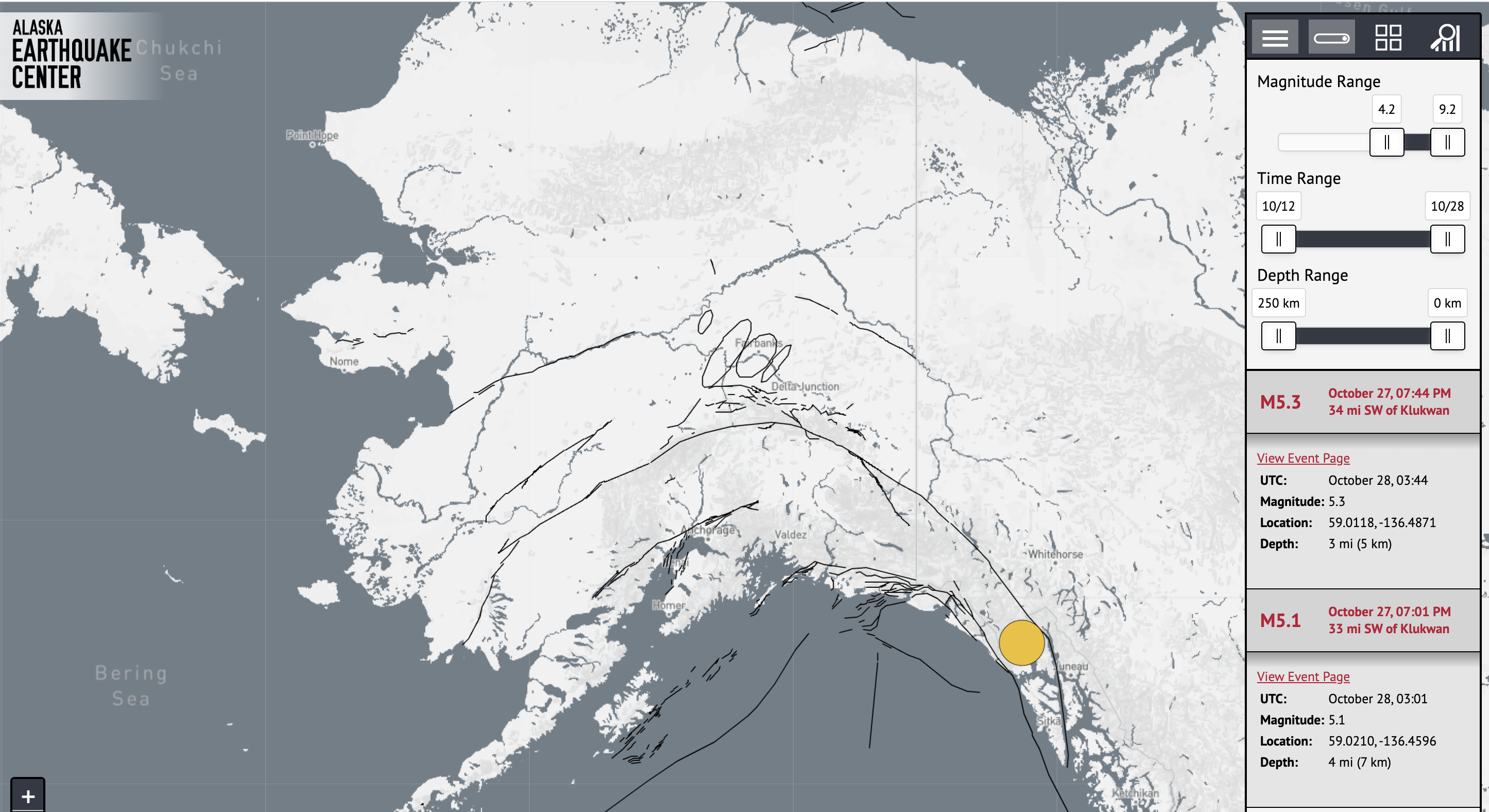 Magnitudes 5.3 and 5.1 earthquakes in Southeast Alaska.
