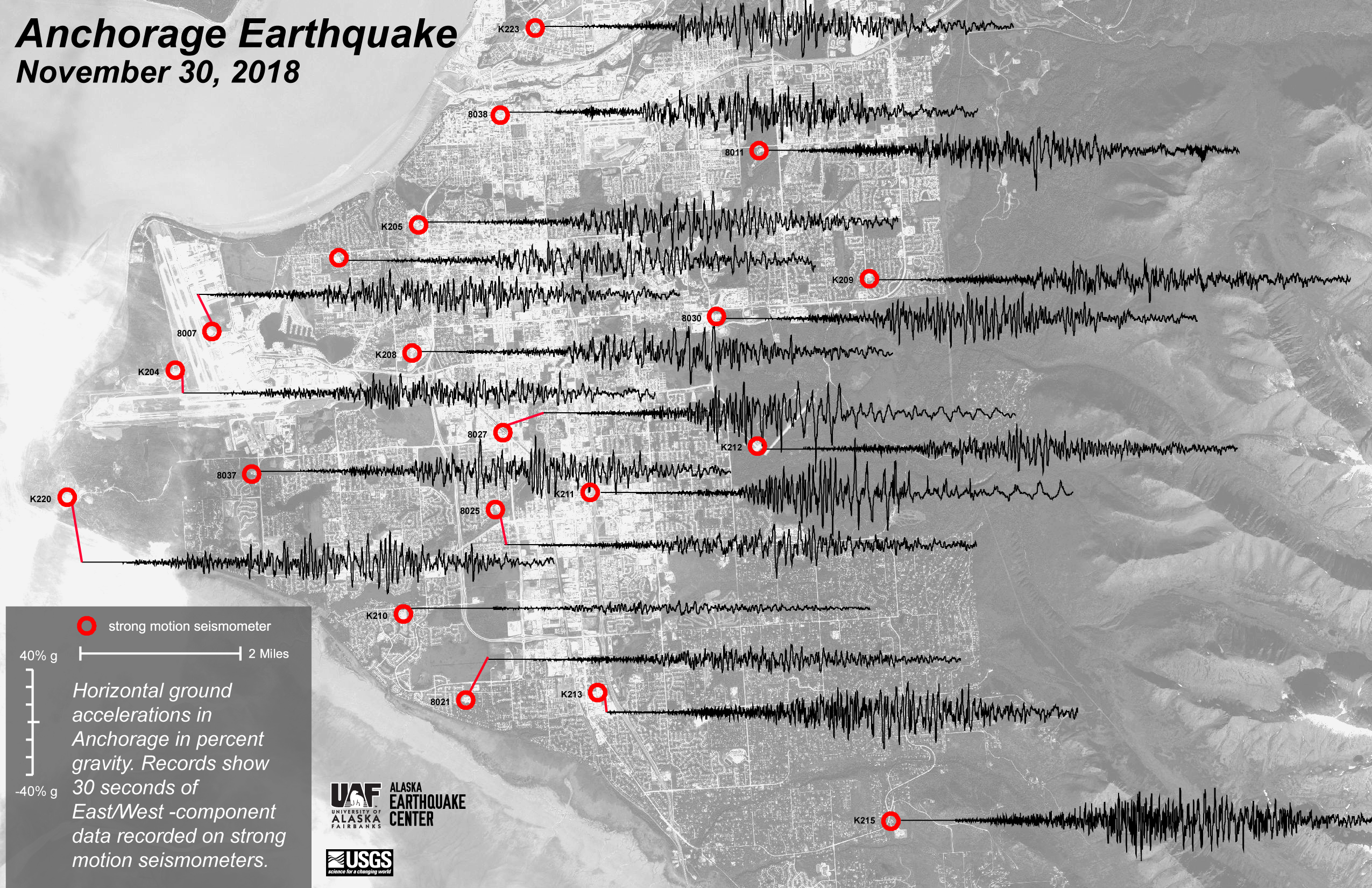 Map of Anchorage area showing stong motion seismograms at different locations for magnitude 7.1 earthquake