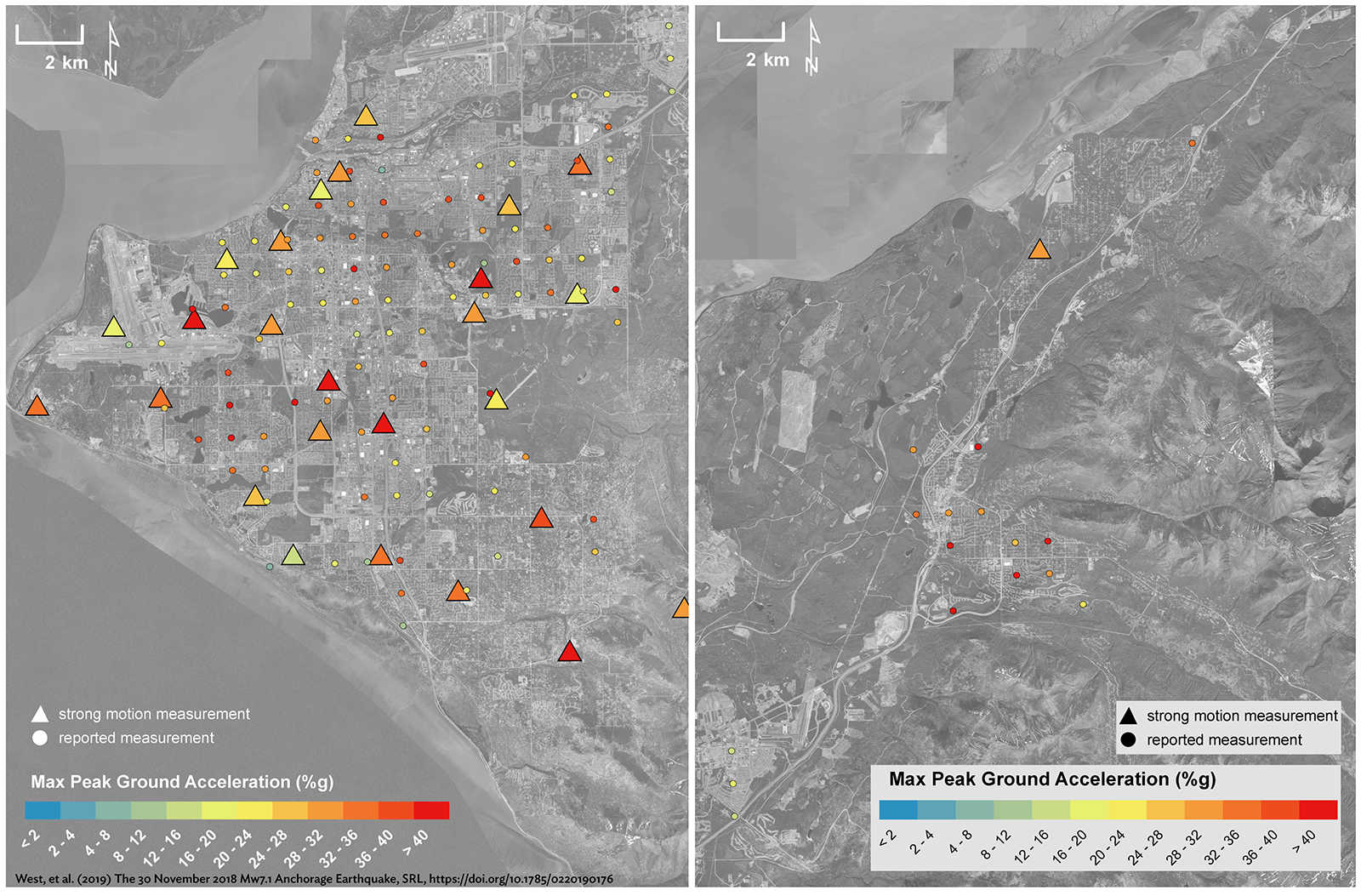 Figure 7. Maps comparing the distribution of seismic sensors and USGS “Did You Feel It?” reports for the Anchorage Bowl (left) and Eagle River (right). All reports in each section are combined and represented by a single representative point. Felt reports filed in gaps in data coverage especially in Eagle River where sensor coverage is limited.