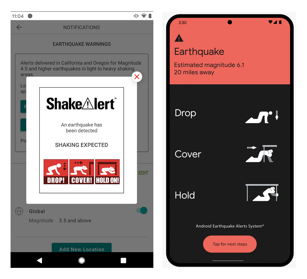 Screenshots of two types of earthquake alerts on mobile devices.