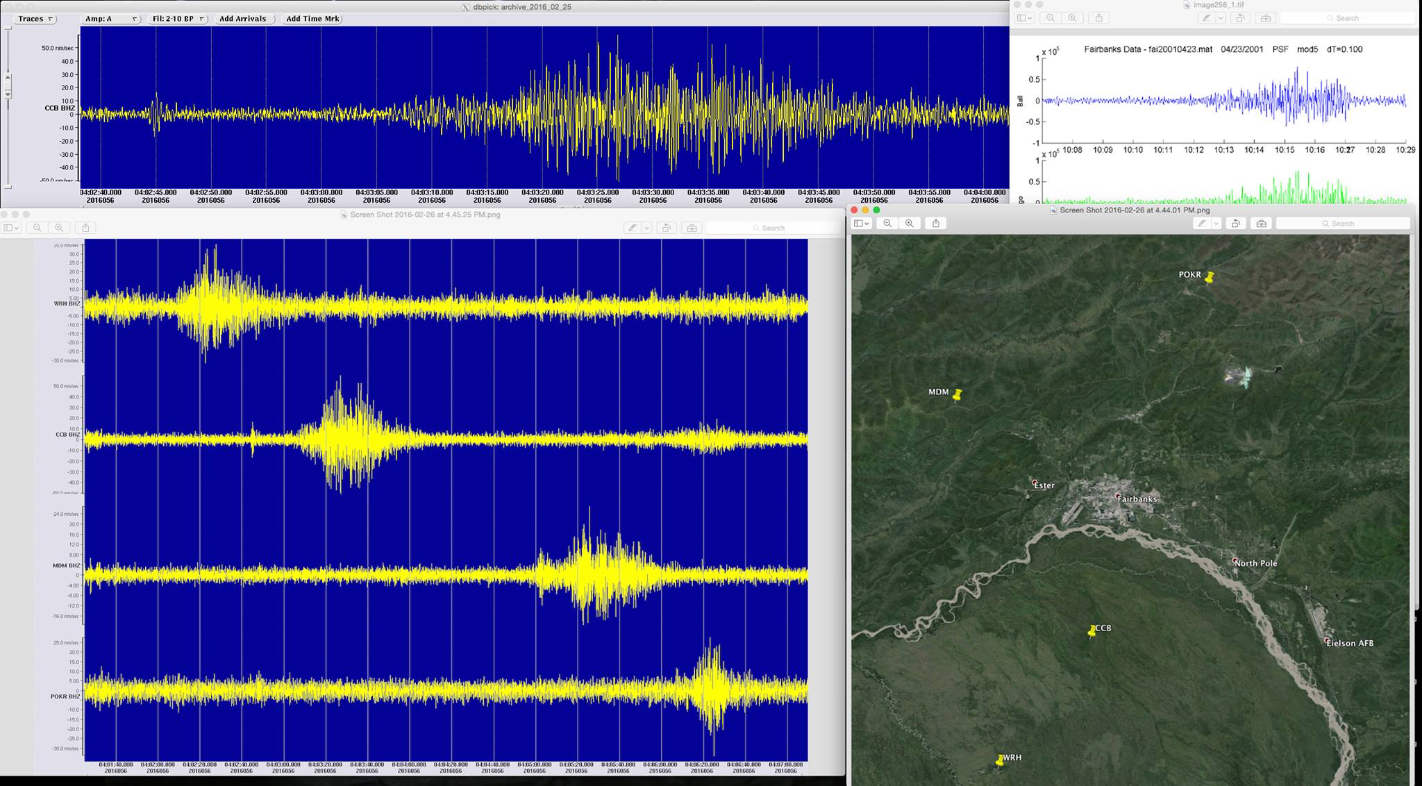 Seismograms of bolide signal and map showing location of 4 seismic stations around Fairbanks that captured the event.