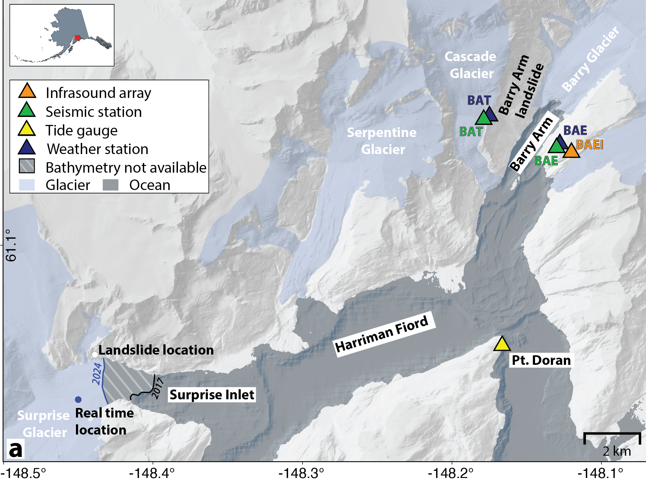 Map of Barry Arm region showing instrument locations as well as location of Surprise Inlet landslide.