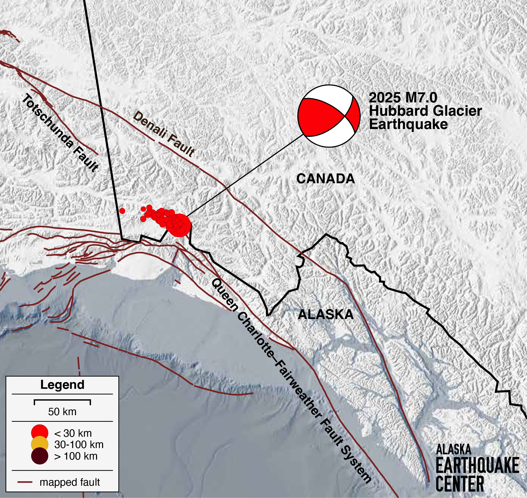 Map of southeast AK faults and location of M& earthquake and aftershocks