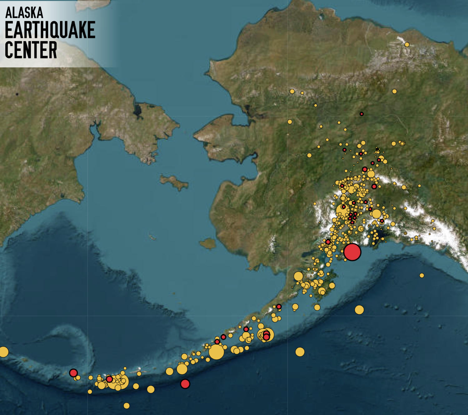 Map of Alaska showing recent earthquakes, with a large red circle showing the location of the magnitude 5.4 earthquake southwest of Seward.