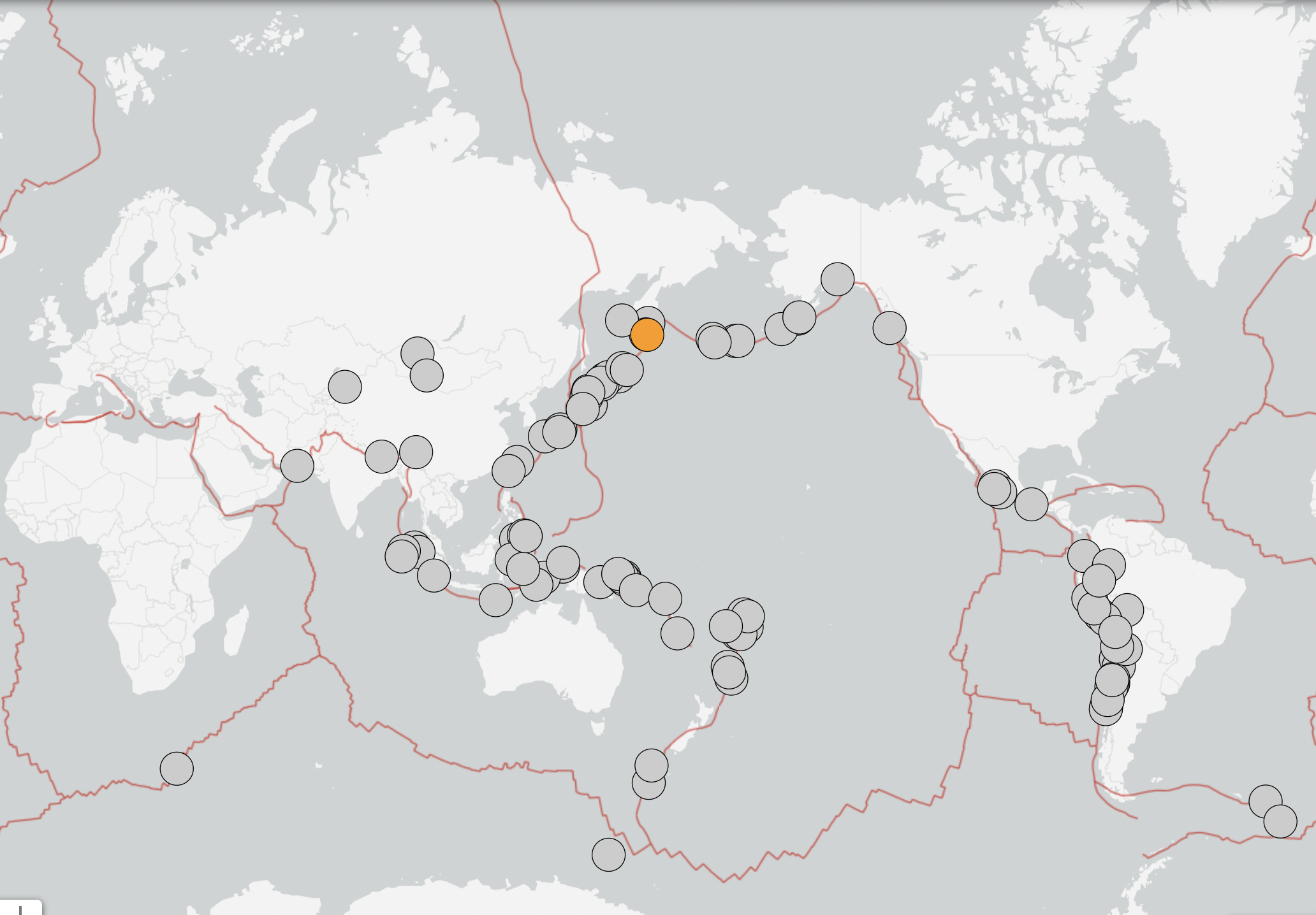 World map showing most magnitude 8+ earthquakes, including the M8.8 in Kamchatka, happen along tectonic plate boundaries.