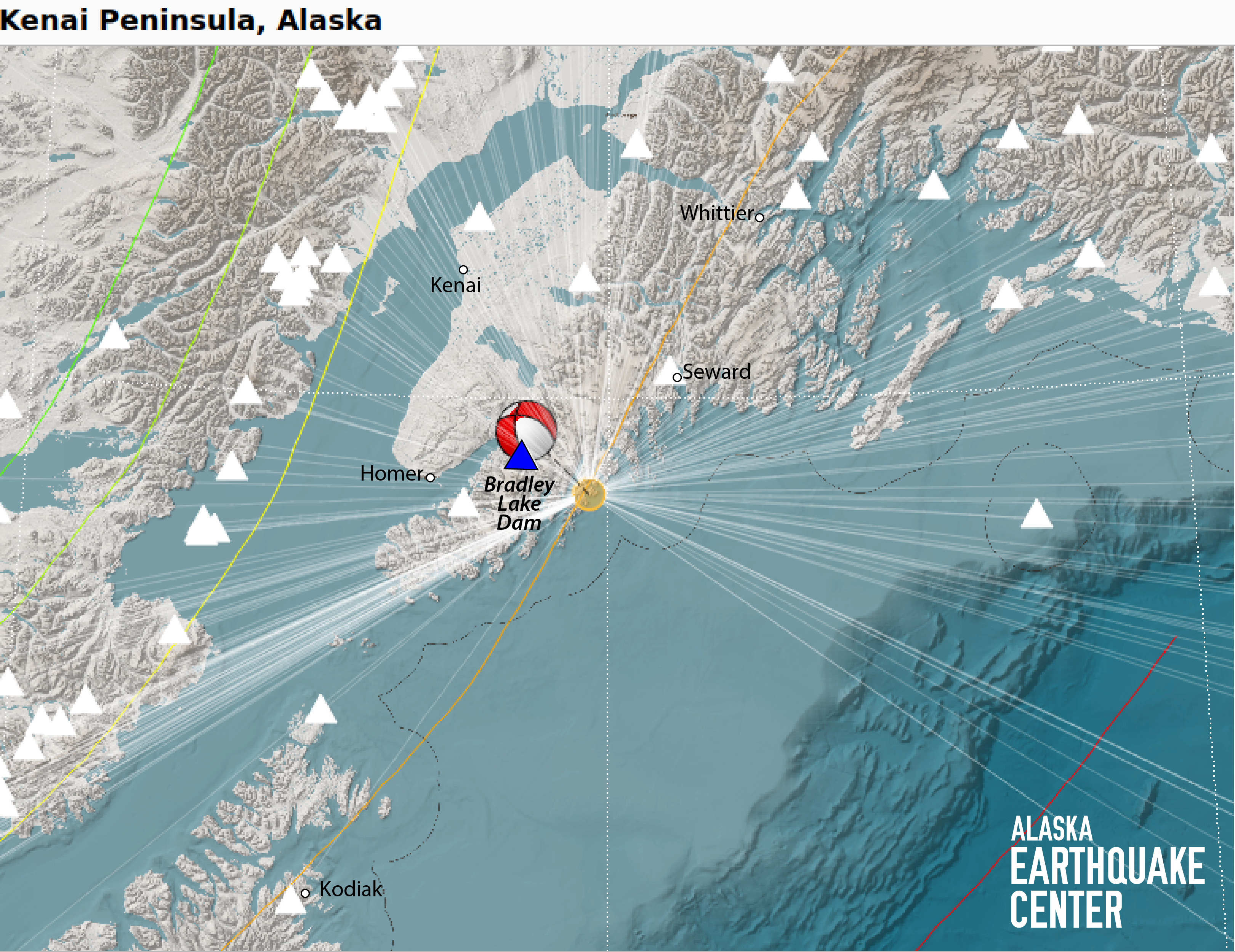 Map of Kenai Peninsula showing location of Bradley Lake Dam and focal mechanism for the magnitude 5.4 earthquake.
