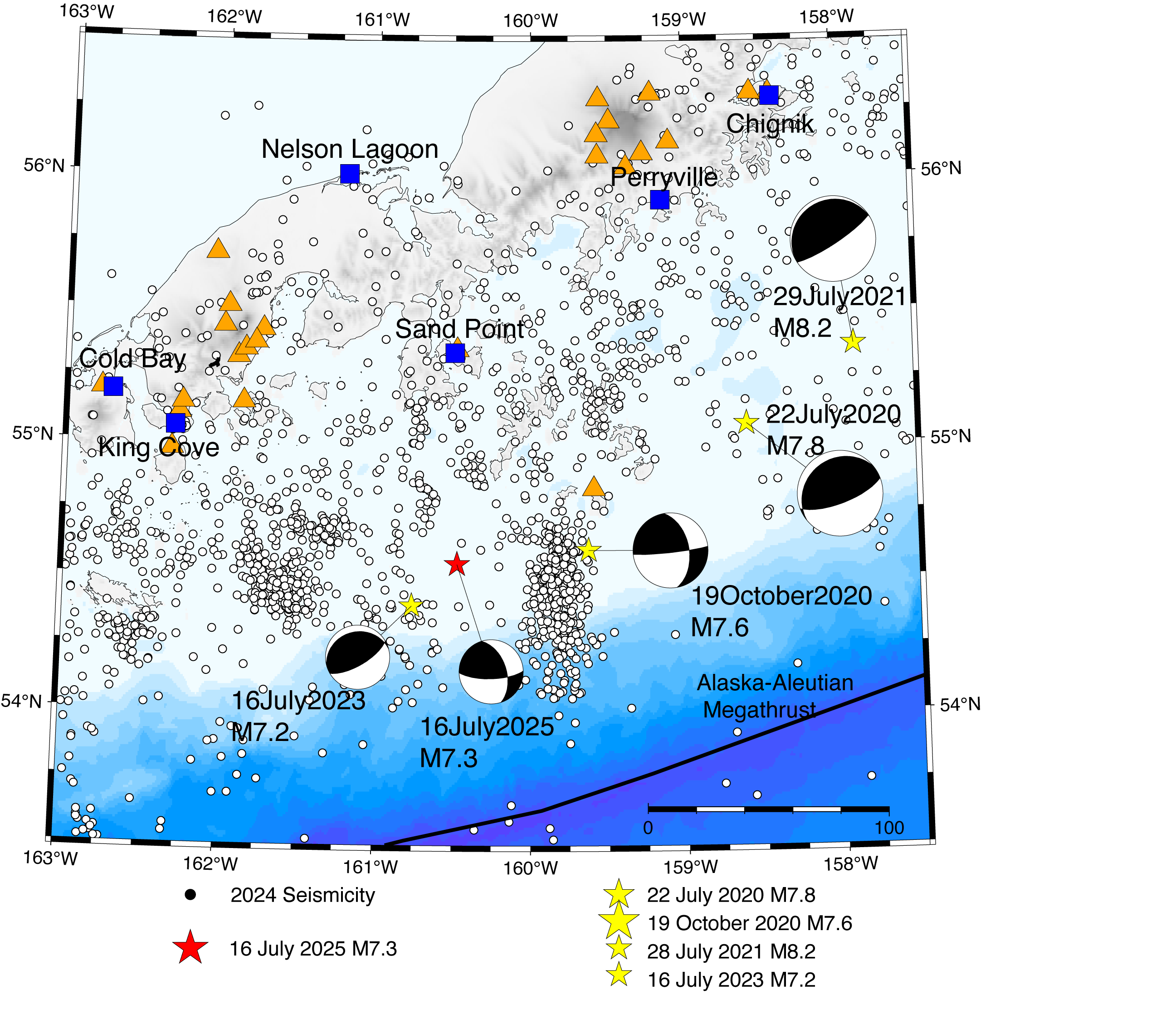 Map showing focal mechanisms for five earthquakes over magnitude 7 that occurred in the region since July 2020.