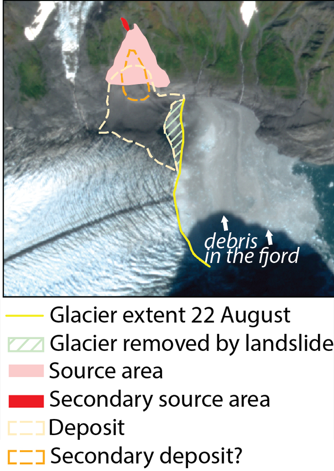Lines drawn on photo showing where the landslide started and finished, including part of the glacier removed by the landslide.
