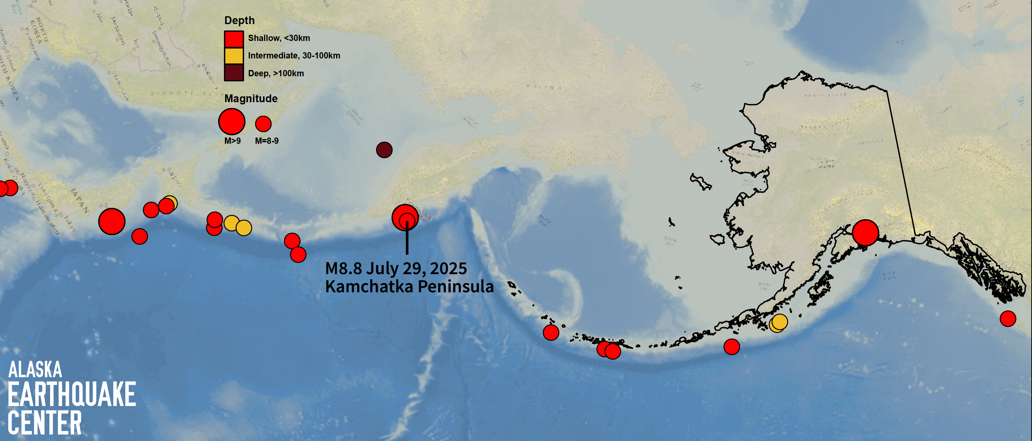 Map showing magnitude 8+ earthquakes along the Pacific Plate in Russia and Alaska.