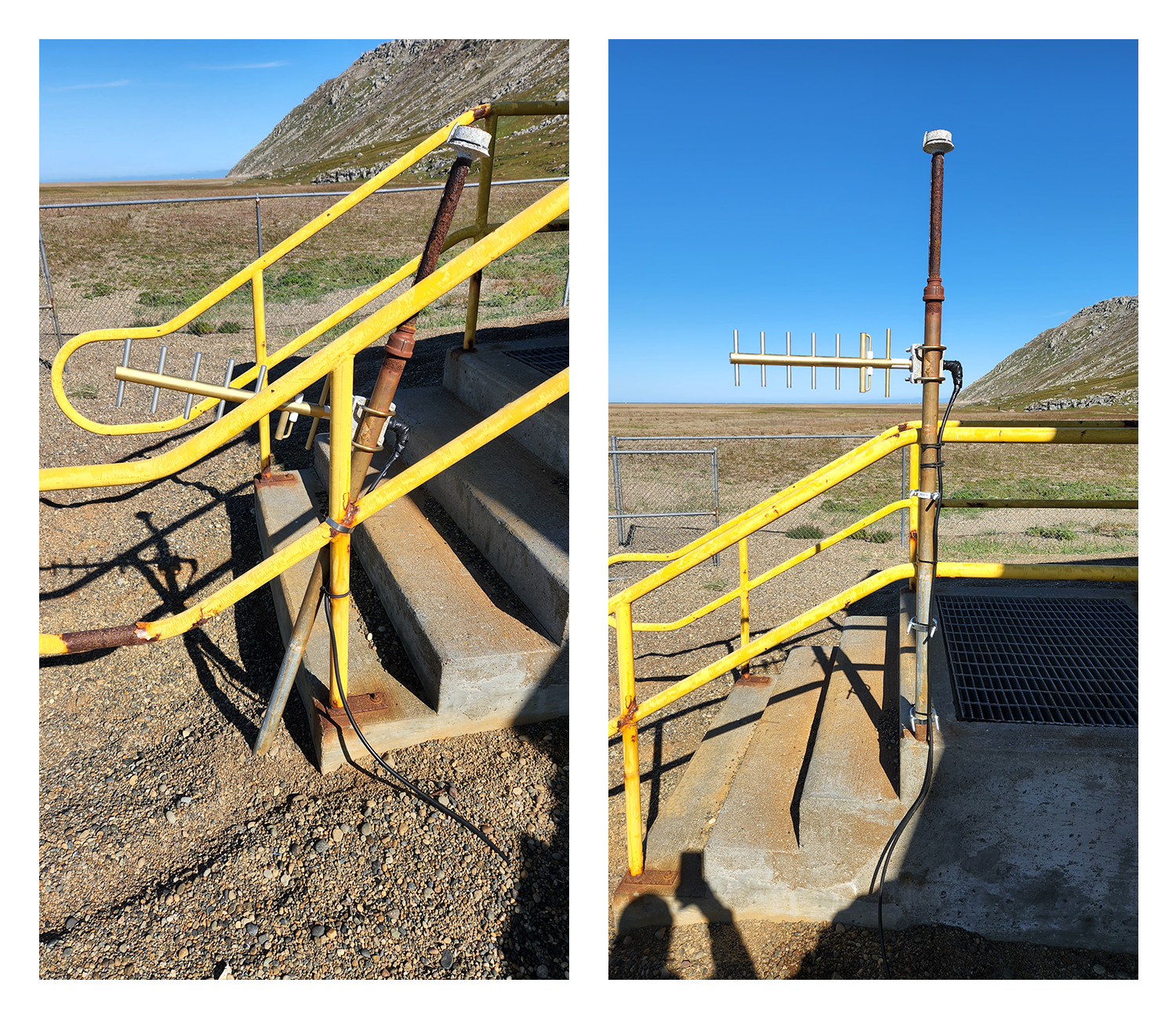 Left photo: Radio antenna leaning at an angle on railing. Right photo: Antenna reattached to railing, sticking vertically up in the air.