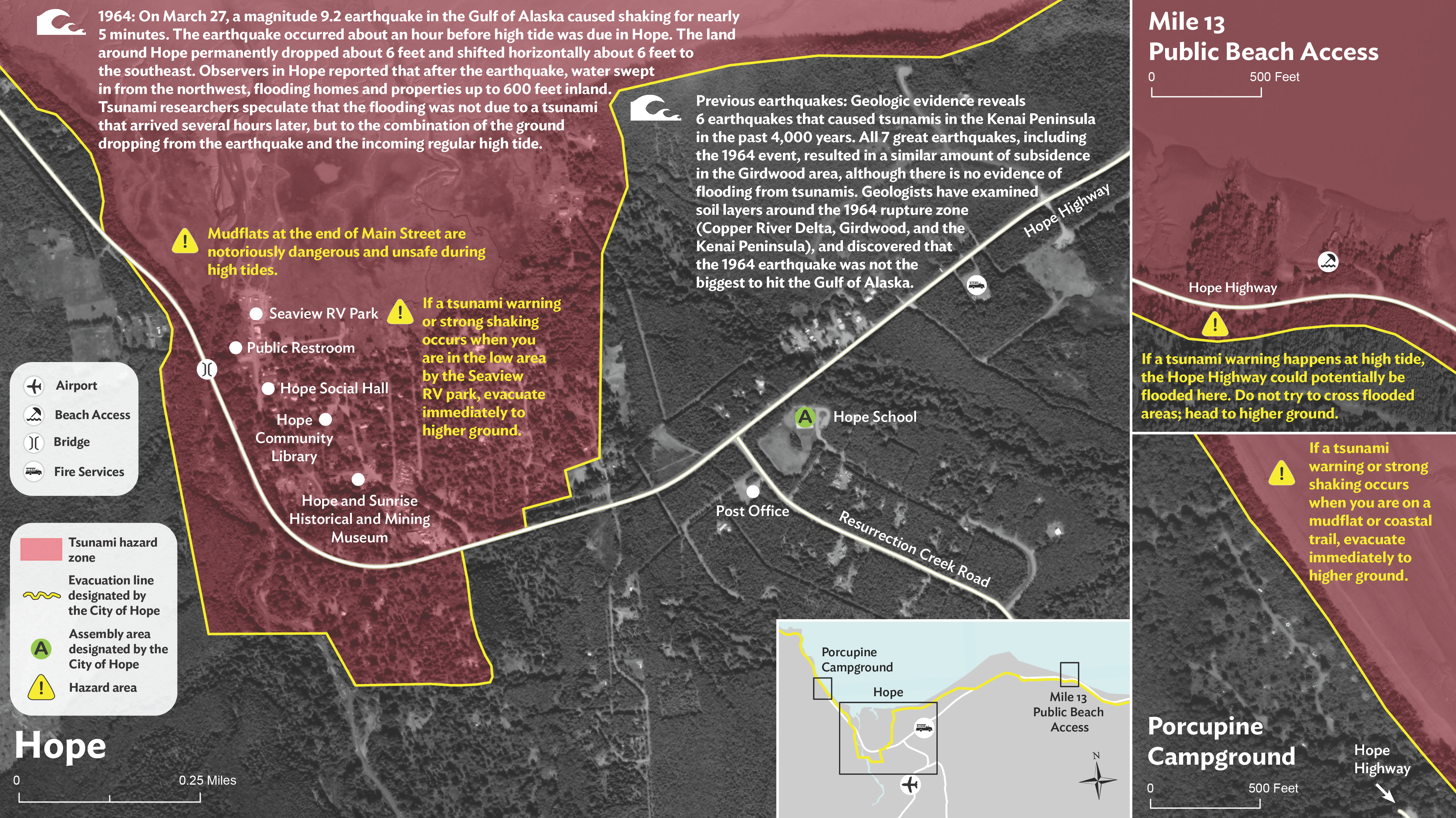 Tsunami hazard map of Hope, Alaska showing evacuation line.