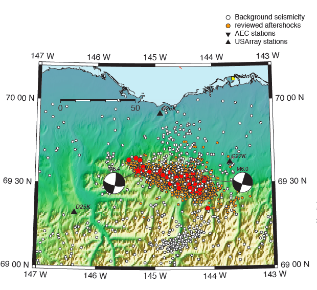 The reviewed aftershocks of 6.4 Kaktovik earthquake
