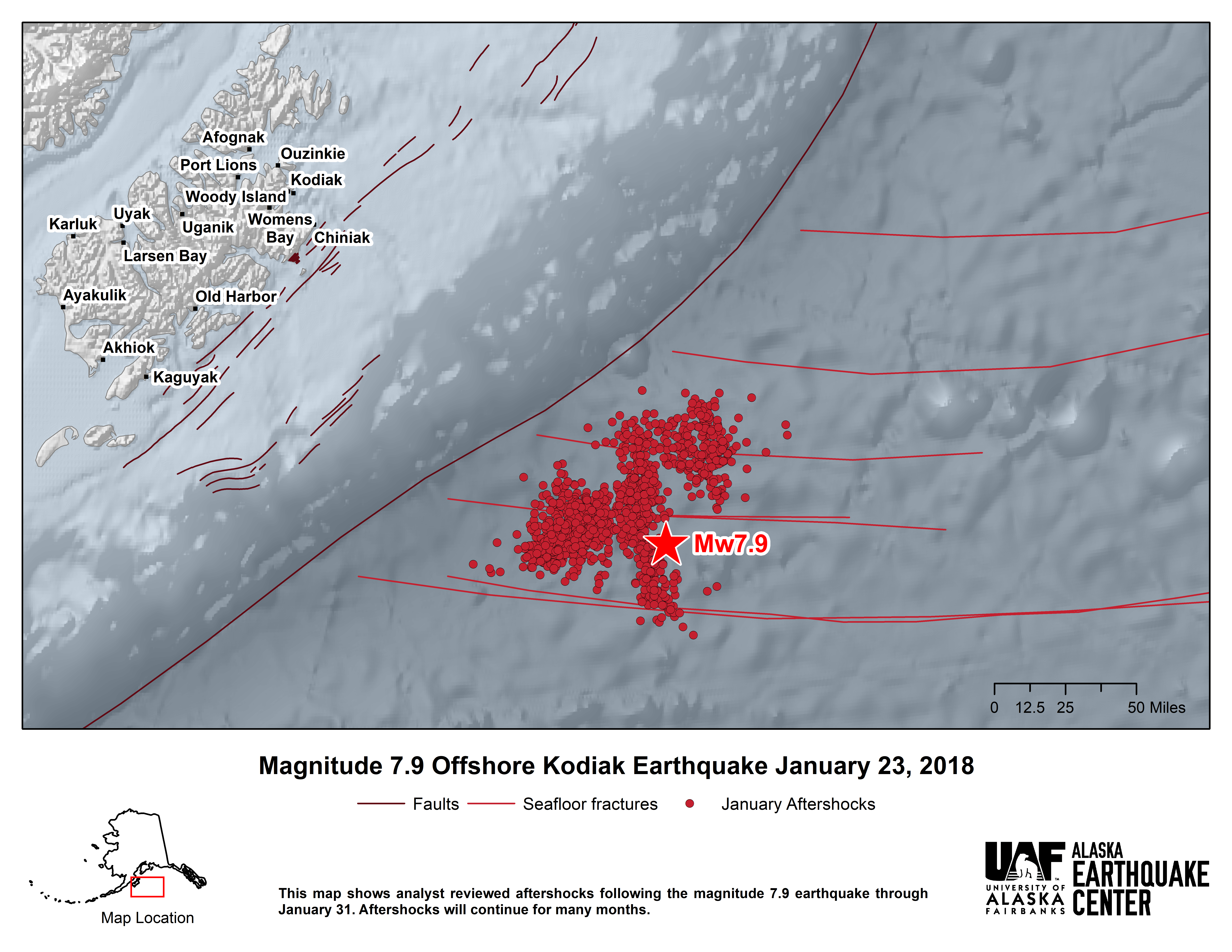 Map of all January aftershocks following the M7.9 mainshock.