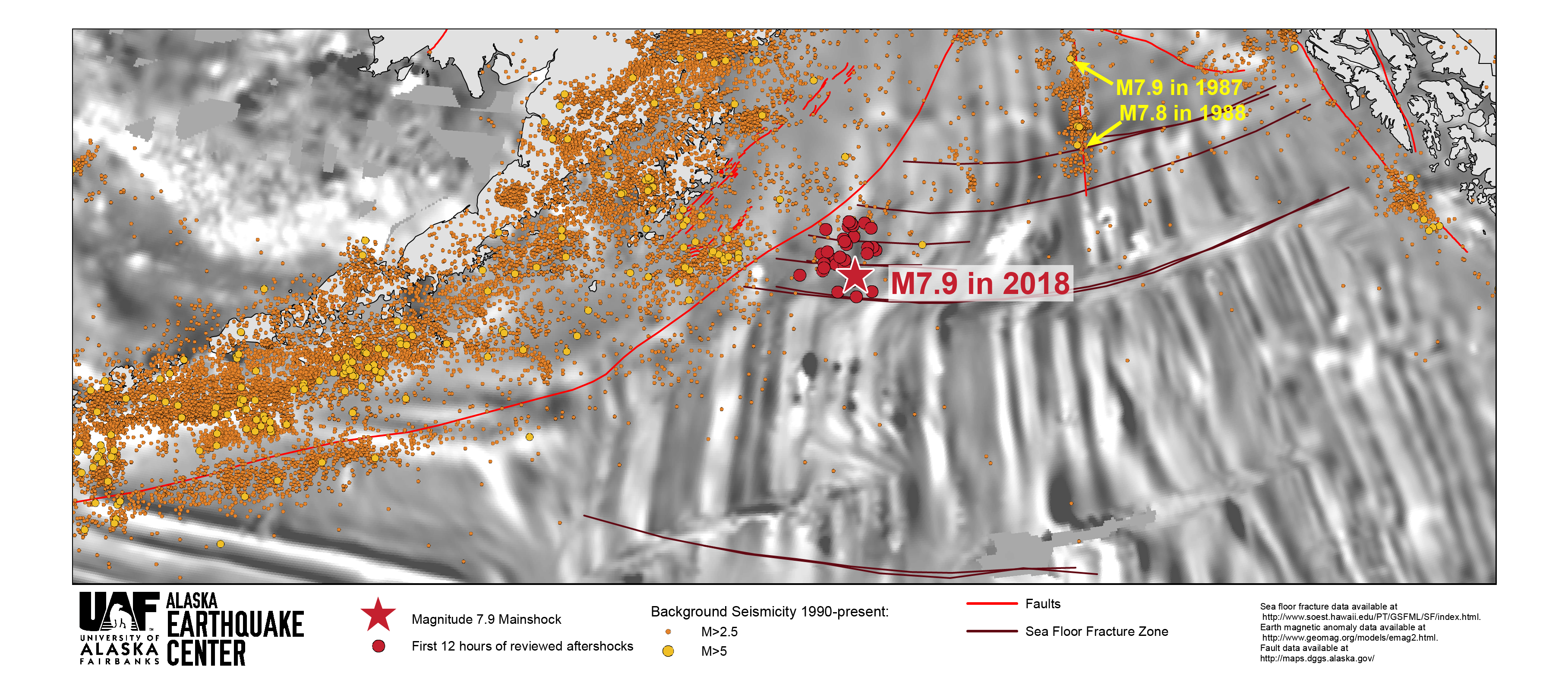 Map showing the magnitude 7.9 location and early aftershocks with seafloor magnetic anomalies and background seismicity