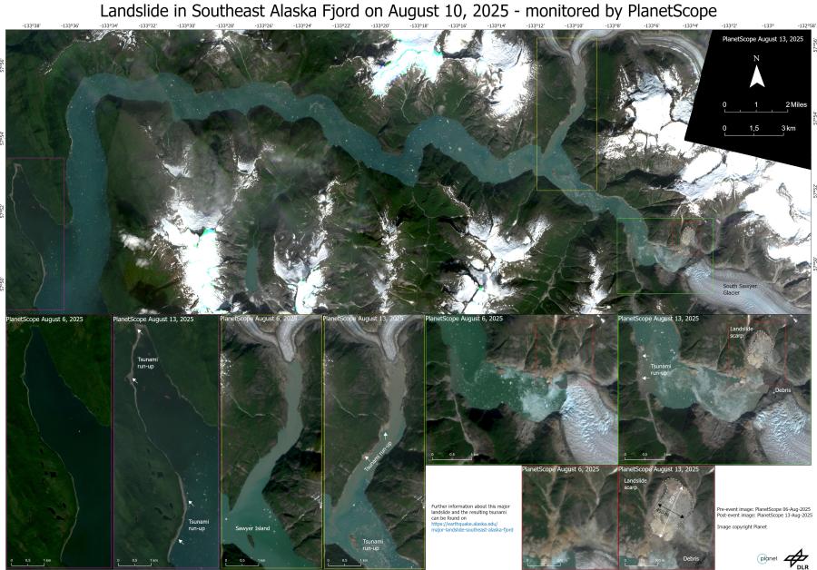 Before and after satellite images showing runup areas where the tsunami scoured away vegetation.