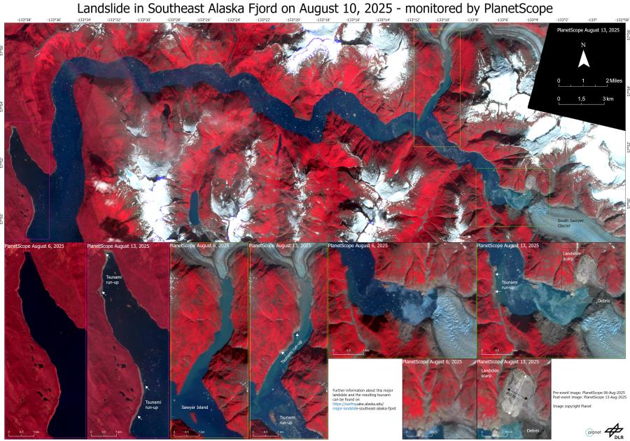 Before and after near infrared satellite images showing vegetation in red, which makes the areas where the tsunami washed away vegetation more visible.