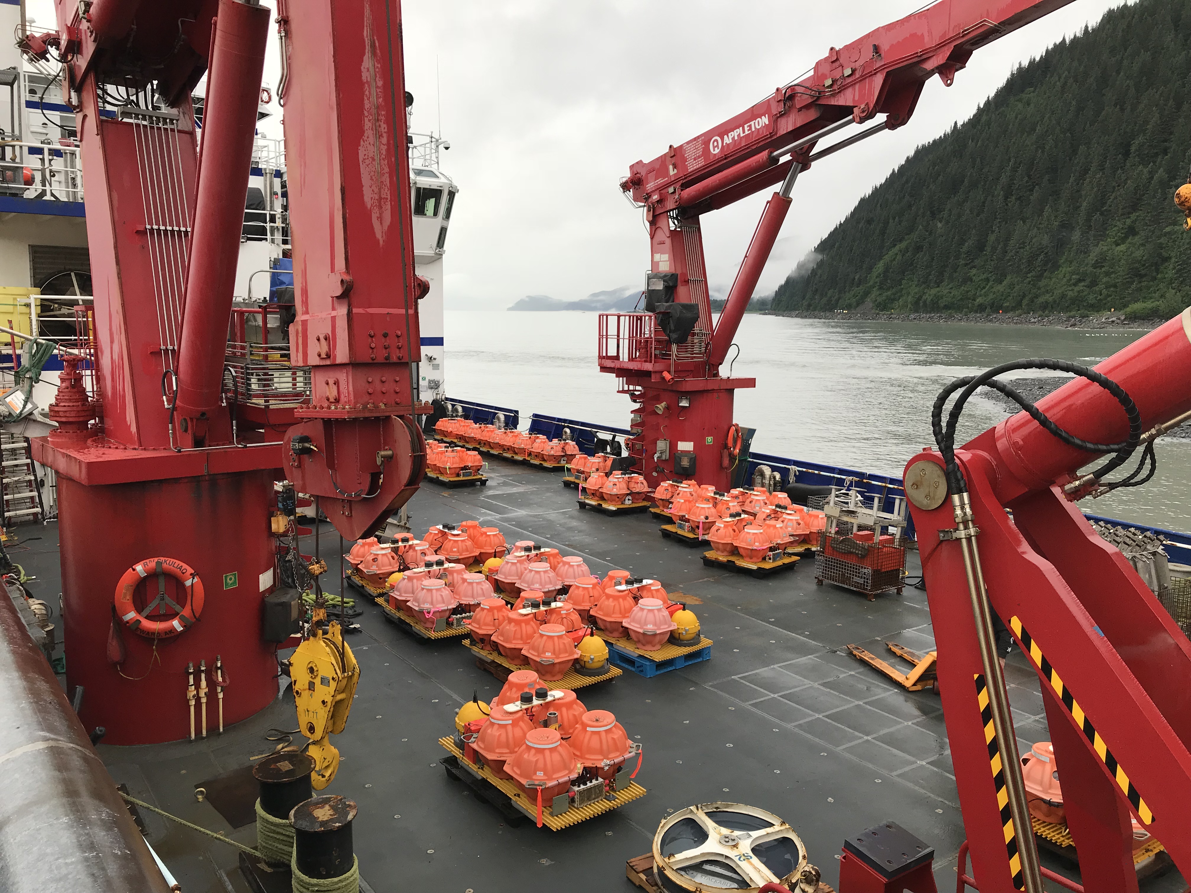 R/V Sikuliaq is ready for departure from Seward with OBS sensor packages staged on the deck.