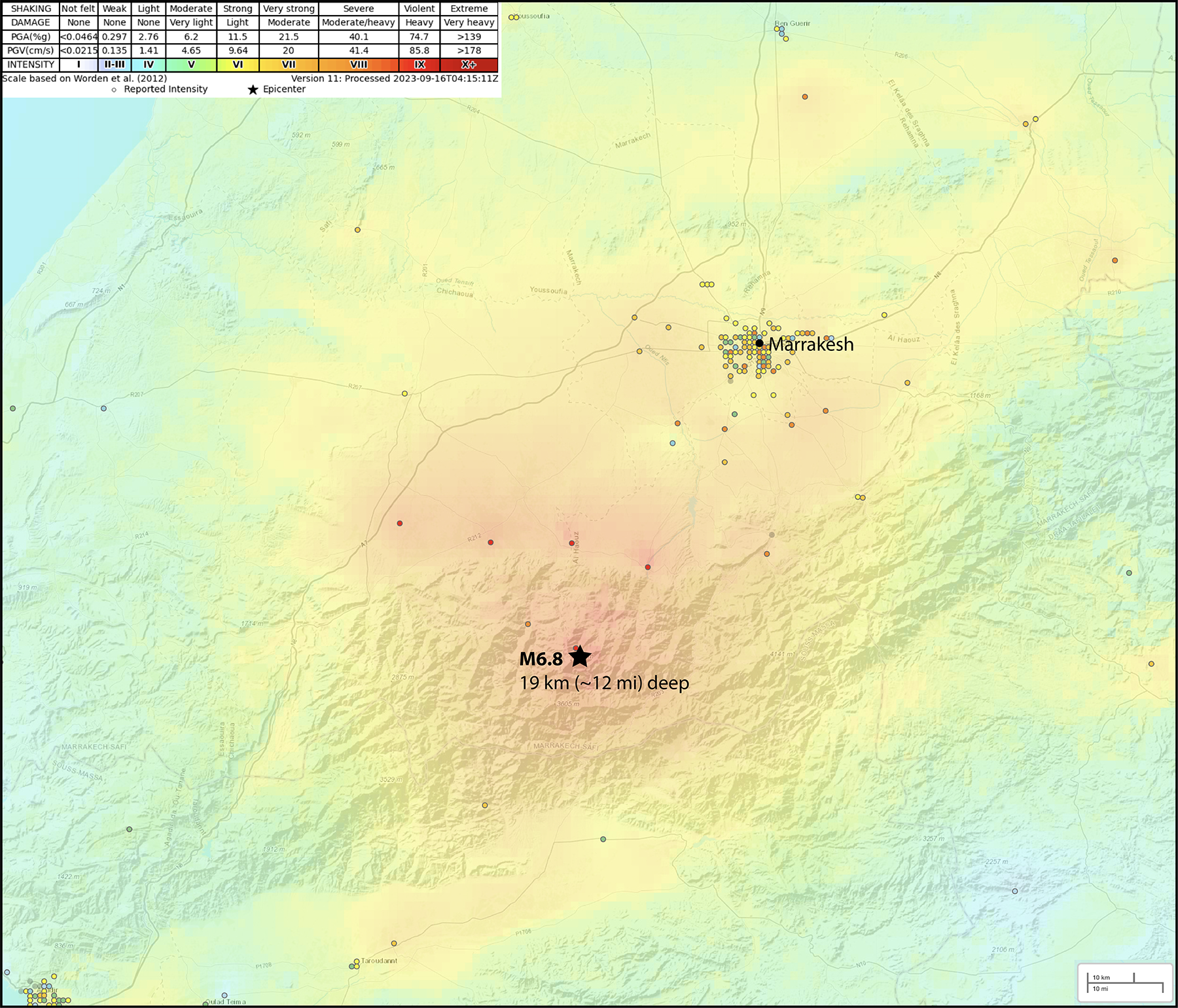 Shakemap intensity for M6.8 Morocco earthquake
