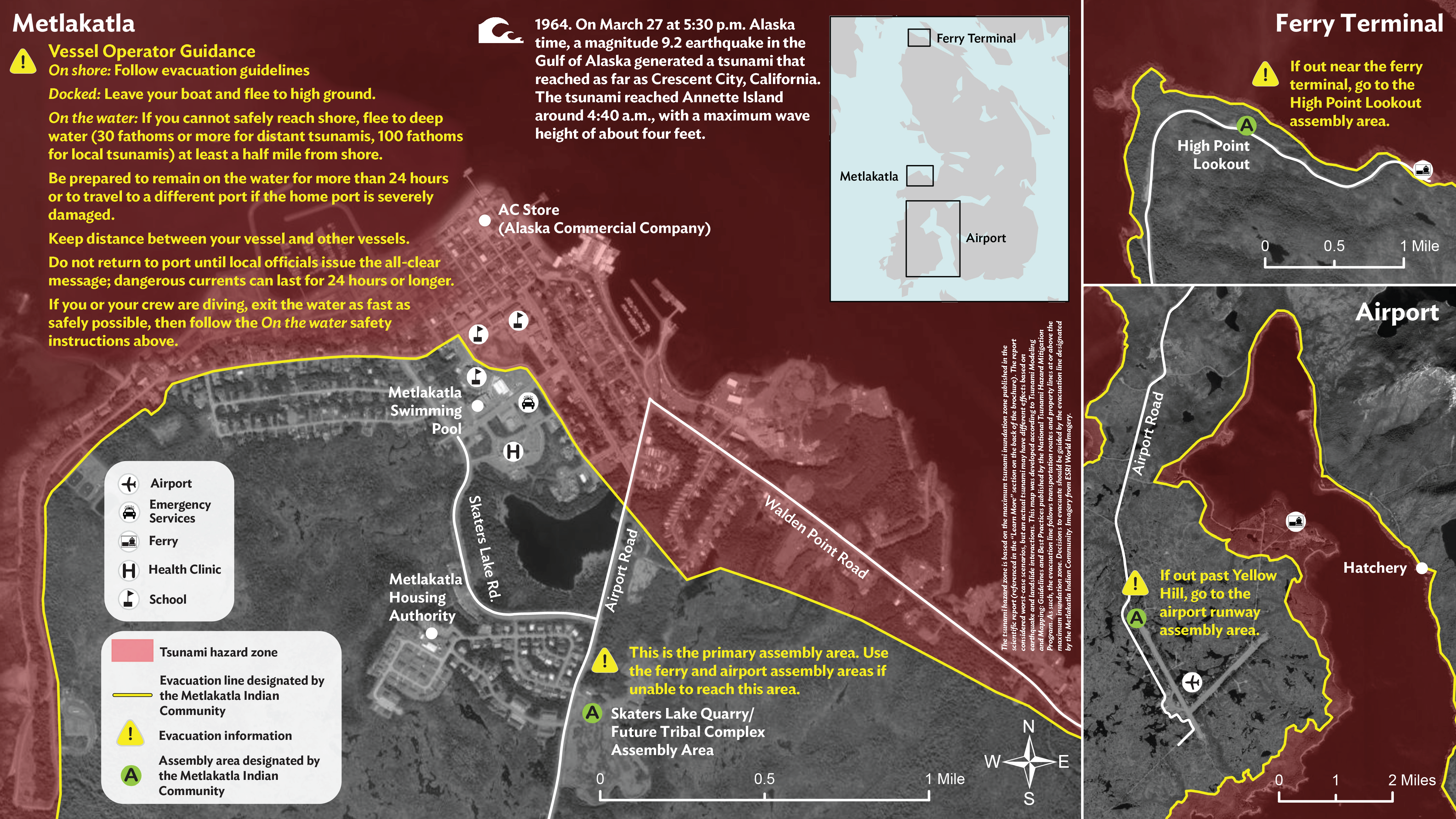 Map of Metlakatla, Alaska showing tsunami hazard areas in red, yellow evacuation line. Map text includes information for vessel operators and about which assembly area those on land should go to.