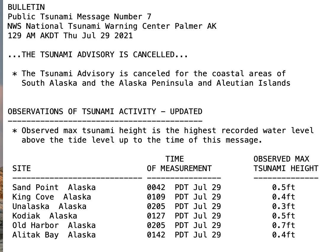 Measured tsunami wave heights were smaller than expected from a M8.2 earthquake. Image from National Tsunami Warning Center alert 7/29/21, 1:29am AK time.