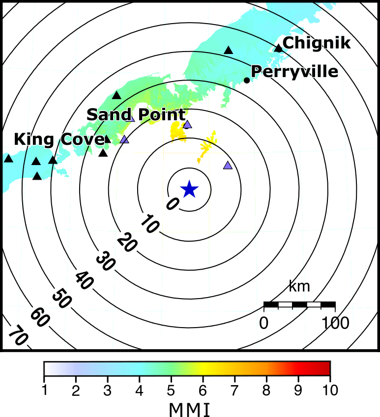 Shake map with yellow representing the most shaking near Sand Point. Circles spreading out from the epicenter show amount of warning times.