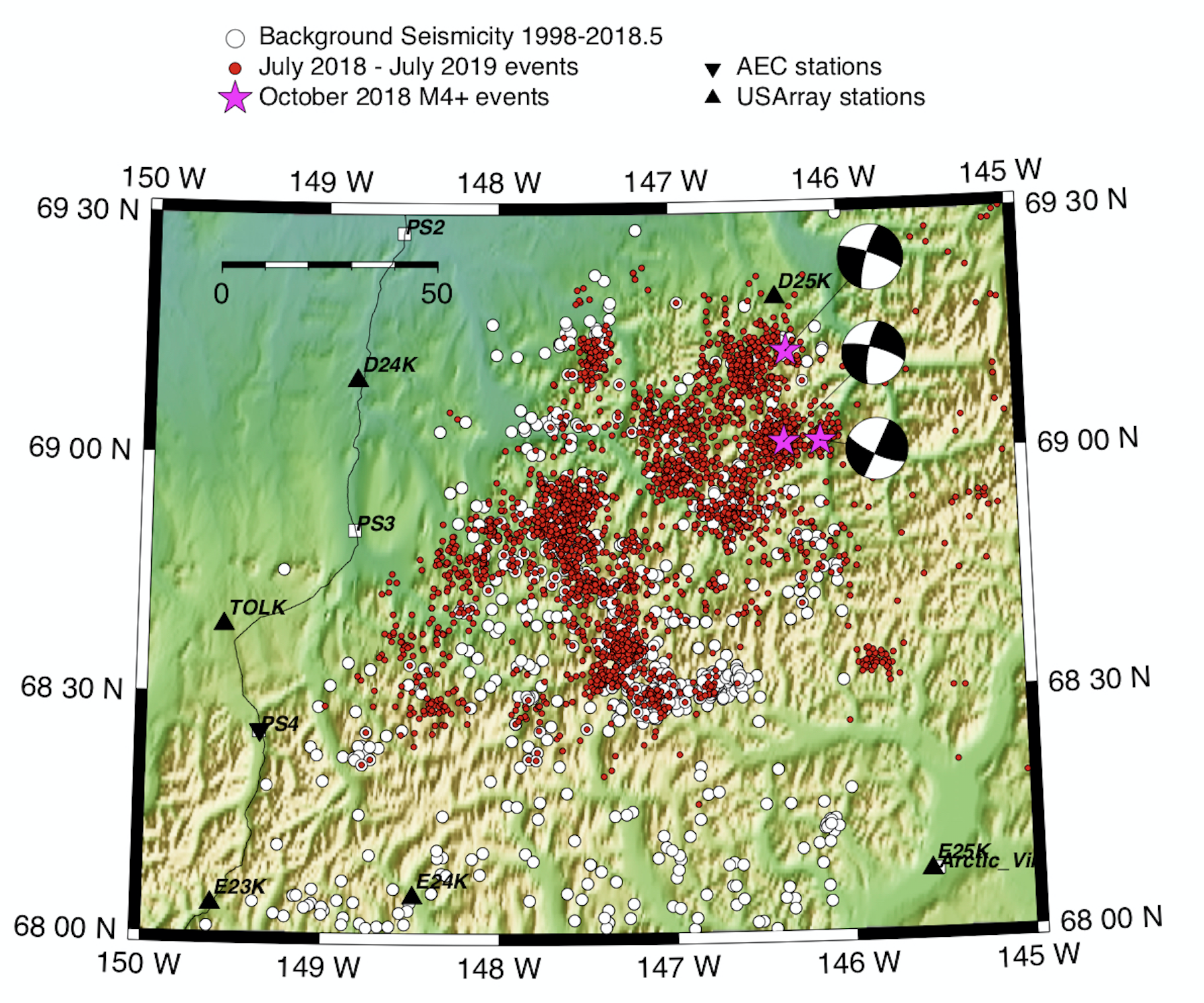 Map show cluster of July 2018-July 2019 earthquakes, with several tighter concentrations of events. Stars show 3 magnitude 4+ events in October 2018 in the northwest of the activity area.