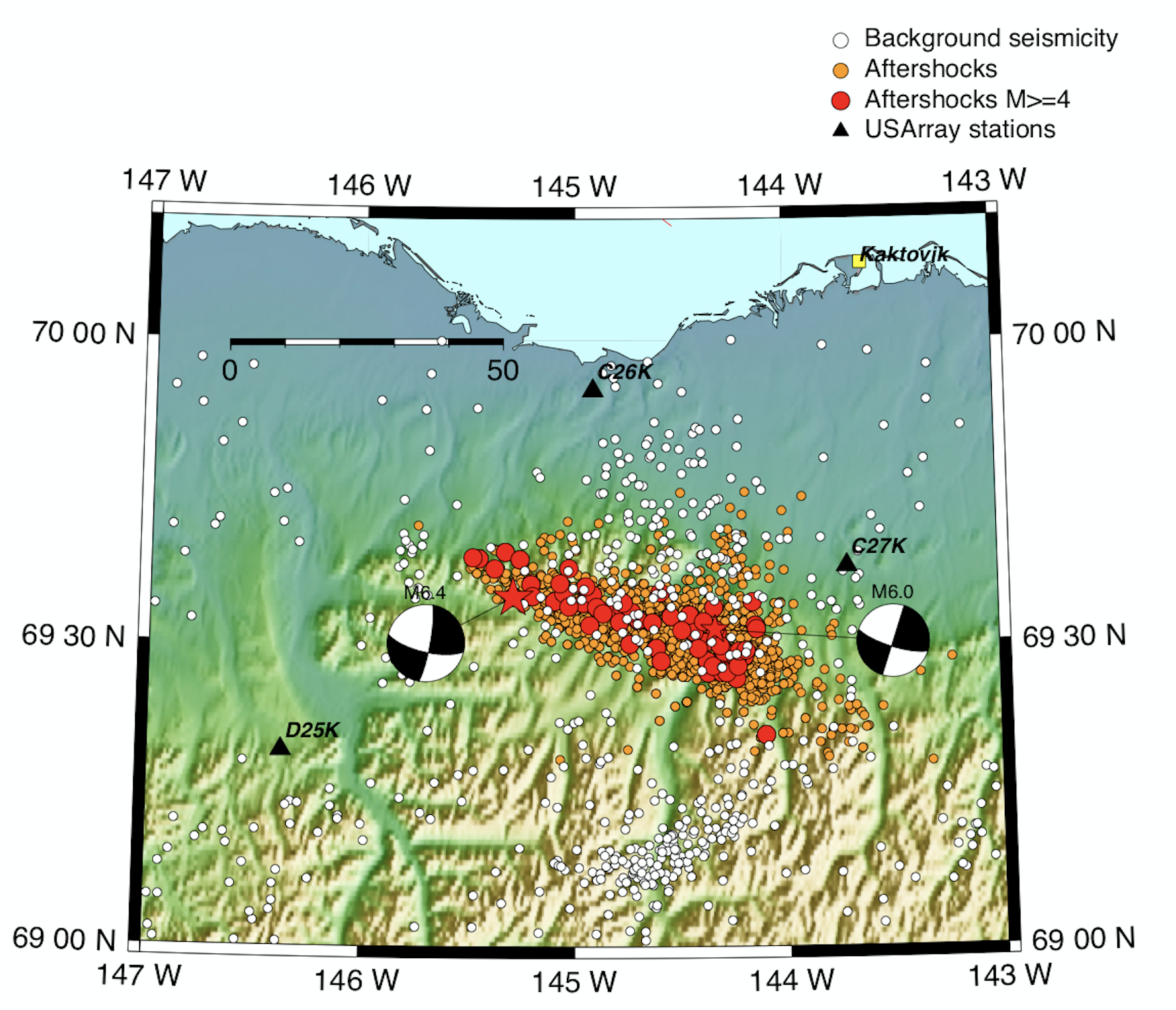 Map showing dense cluster of aftershocks located mainly between a M6.4 earthquake in the west and M6.0 earthquake in the east.