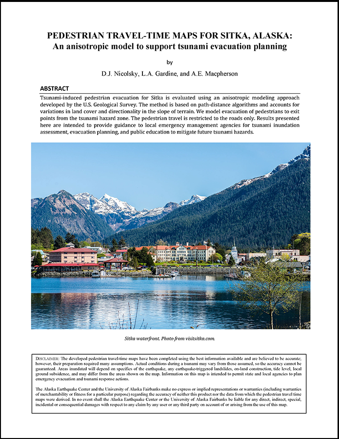 First page of the report Pedestrian Travel-time Maps for Sitka, Alaska, with text and a photo of the Sitka waterfront in the middle.