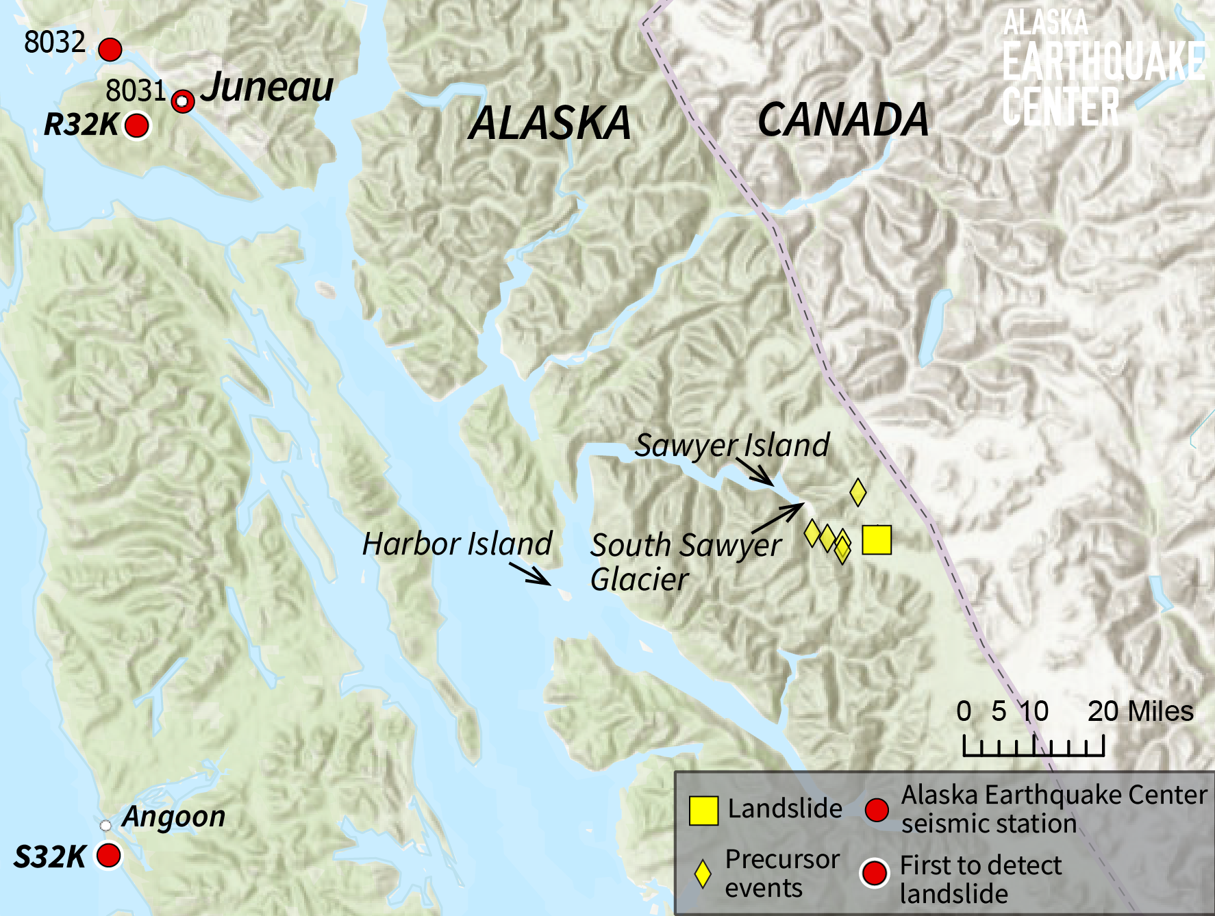 Map showing locations of landslide and seismic stations in Southeast Alaska.