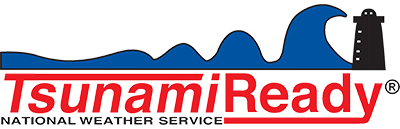 TsunamiReady logo with blue waves at top about to crash into a black lighthouse. On the bottom are the words "Tsunami Ready" in red and small words "National Weather Service" in black.