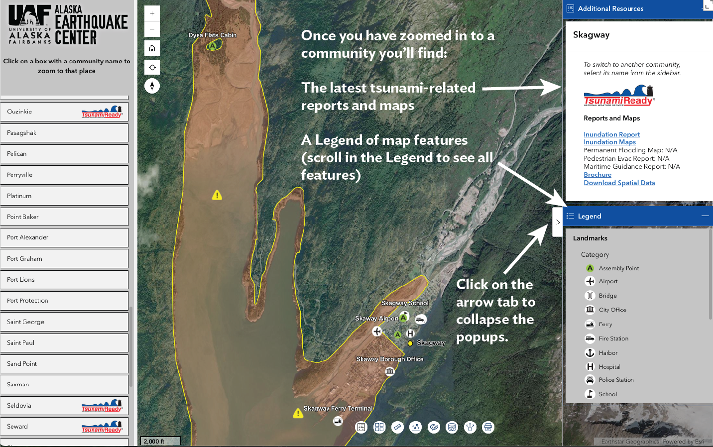Map with list of communities along the left side and yellow dots representing communities. A large area of transparent red with a yellow outline marks a tsuanmi hazard area. Text with arrows pointing to popup windows on right reads “Once you have zoomed in to a community you’ll find: The latest tsunami-related reports and maps,” and “A Legend of map features (scroll in the Legend to see all features).” Other text reads “Click on the arrow tab to collapse the popups.”